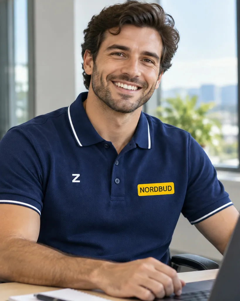 Zdjęcie wygenerowane w Galerii AI: uśmiechnięty pracownik przy biurku w granatowej koszulce polo z logo NORDBUD, ten sam produkt co na wizualizacji