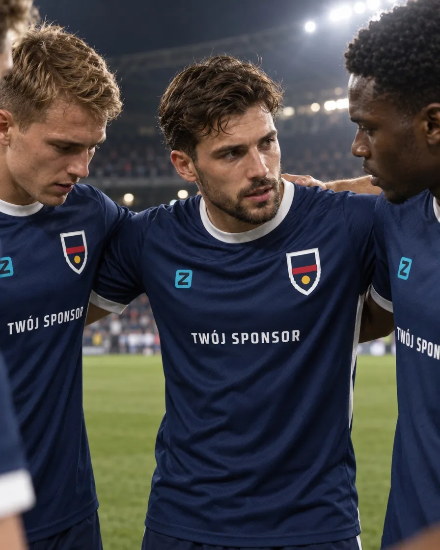 Zdjęcie wygenerowane w Galerii AI: trzech zawodników w kole przed meczem, w świetle stadionu, z herbem i napisem sponsora na koszulkach, ten sam produkt co na wizualizacji