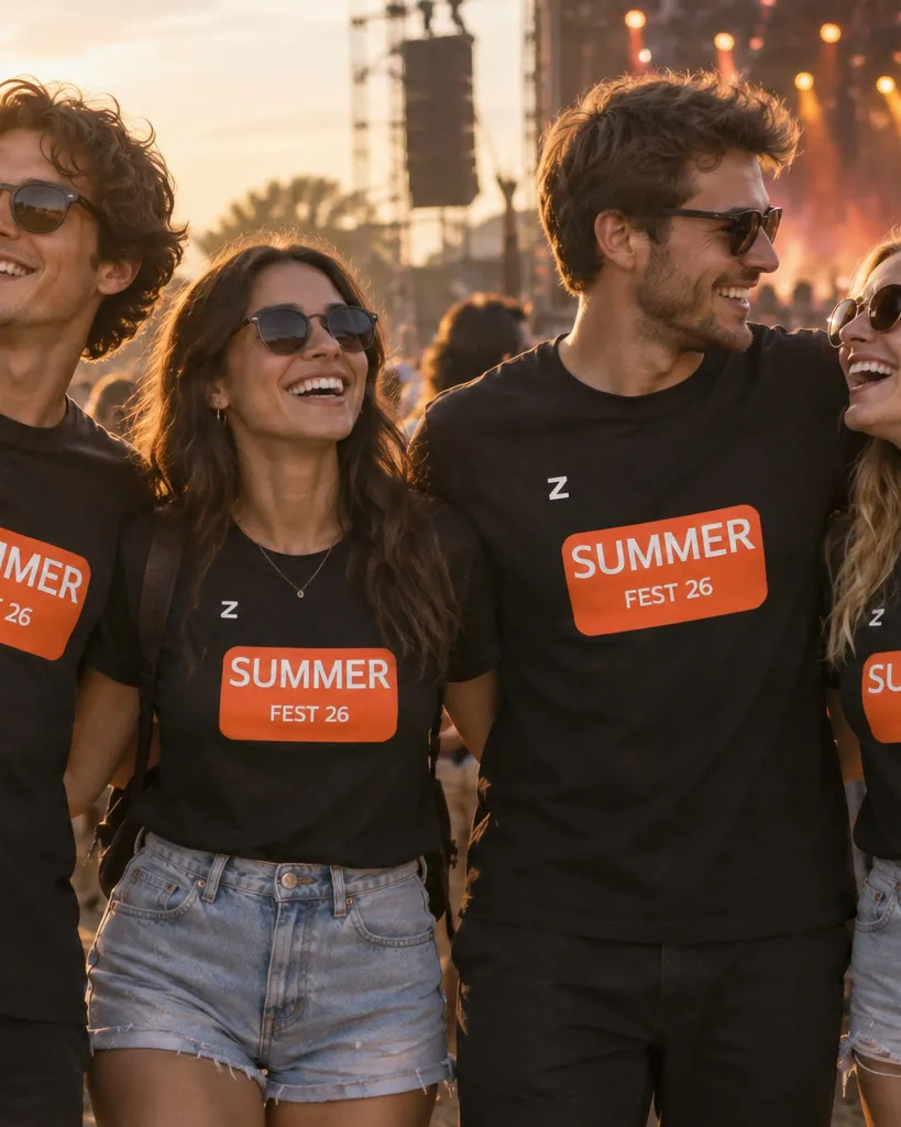 Zdjęcie wygenerowane w Galerii AI: grupa przyjaciół pod sceną festiwalu w czarnych koszulkach SUMMER FEST 26, ten sam produkt co na wizualizacji