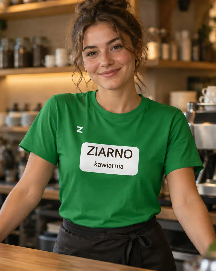 Zdjęcie wygenerowane w Galerii AI: baristka za ladą kawiarni w zielonej koszulce z logo ZIARNO, ten sam produkt co na wizualizacji