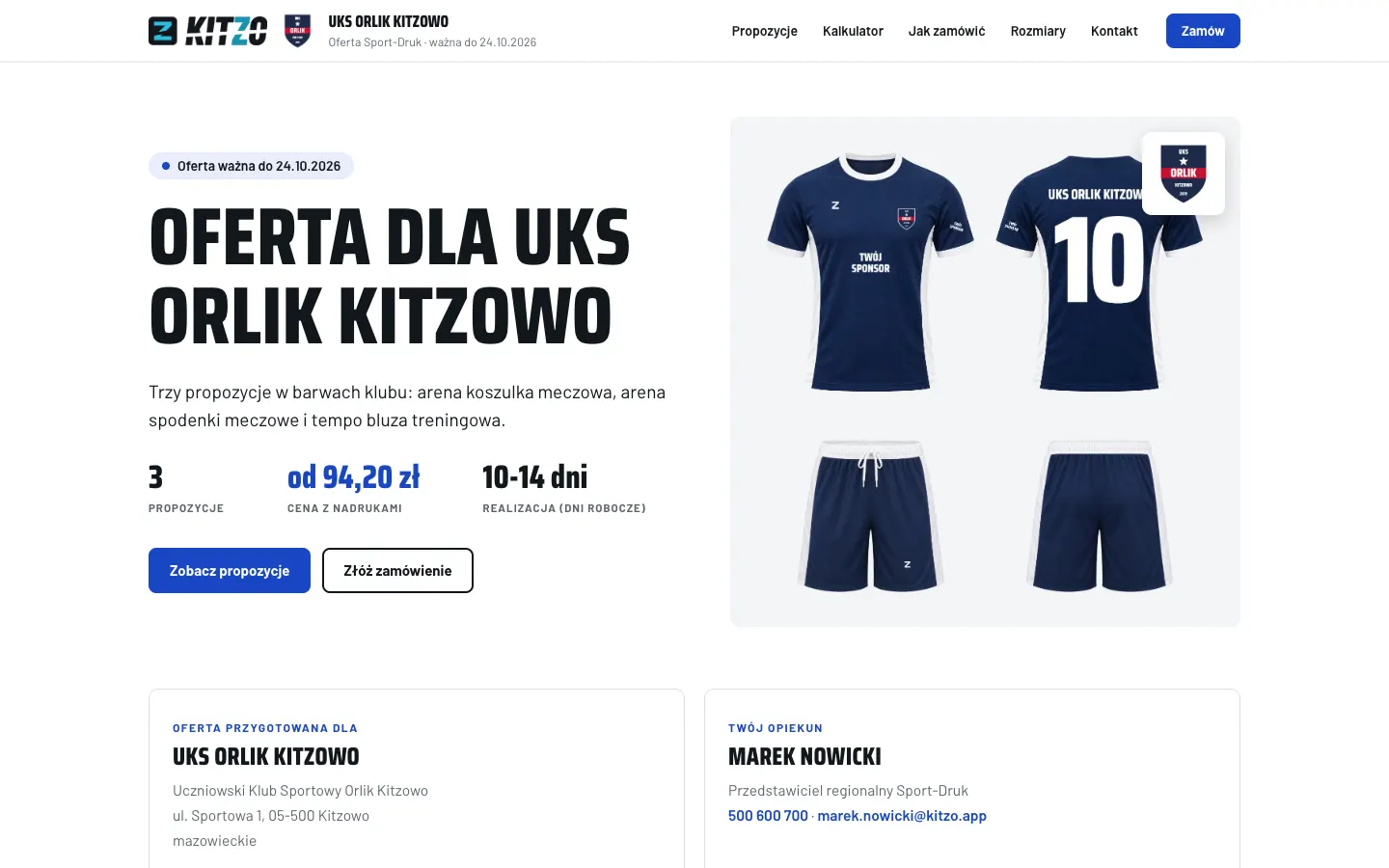 Oferta Kitzo jako strona internetowa dla klienta, z propozycjami i ceną