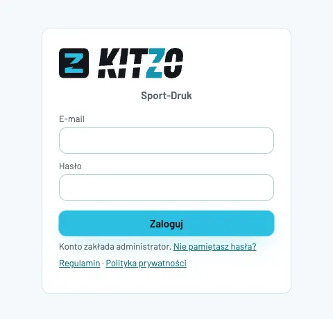 Ekran logowania Kitzo: logo, nazwa firmy, pola E-mail i Hasło, przycisk Zaloguj i link Nie pamiętasz hasła?
