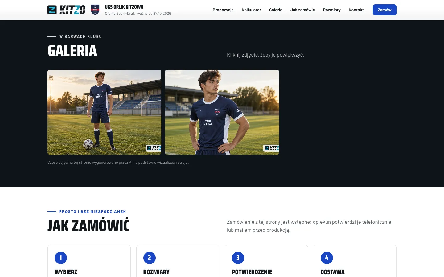 Galeria na stronie oferty dla UKS Orlik Kitzowo: dwa zdjęcia AI zawodnika w granatowym stroju na stadionie z logo firmy w rogu i dopiskiem, że część zdjęć wygenerowano przez AI