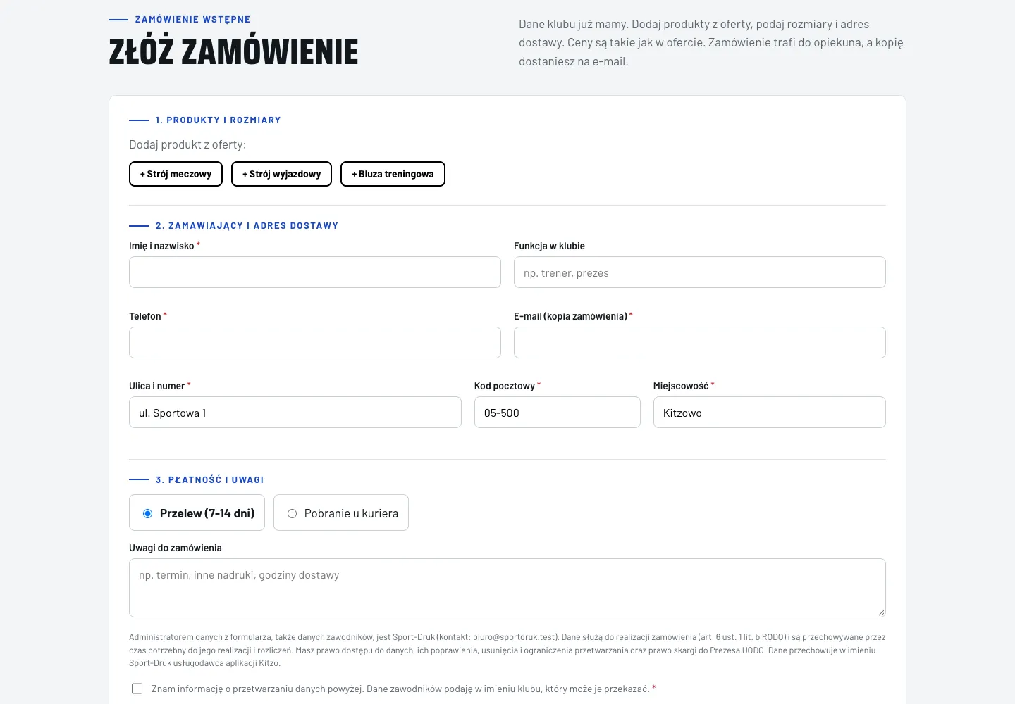 Formularz Złóż zamówienie na stronie oferty: przyciski propozycji, pola zamawiającego i adresu dostawy, wybór płatności Przelew albo Pobranie u kuriera, pole uwag i zgoda na przetwarzanie danych