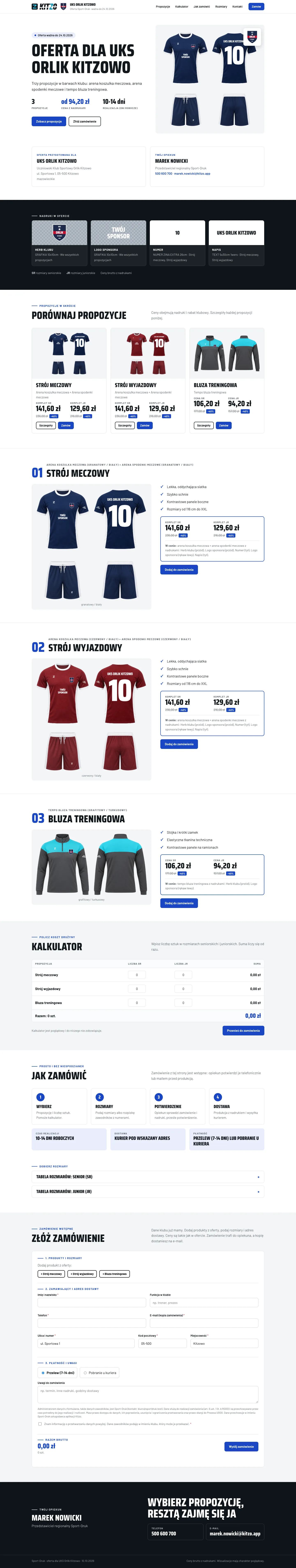 Oferta Kitzo dla klubu sportowego jako strona internetowa: propozycje strojów, ceny, kalkulator, jak zamówić i formularz zamówienia