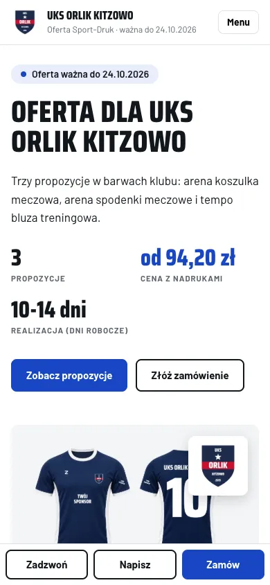 Strona oferty na telefonie: u góry herb, nazwa klubu, data ważności i przycisk Menu, tytuł oferty, wstęp, 3 propozycje od 94,20 zł, realizacja 10-14 dni, przyciski Zobacz propozycje i Złóż zamówienie, na dole stały pasek Zadzwoń, Napisz, Zamów