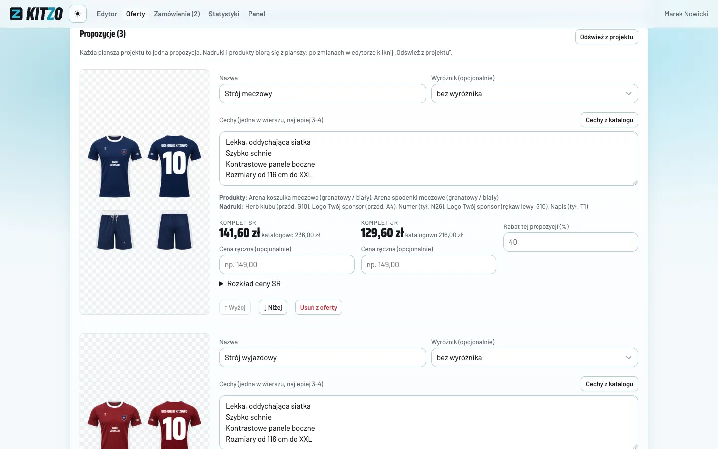 Sekcja Propozycje w kreatorze oferty: propozycja Strój meczowy z obrazem kompletu, polami Nazwa, Wyróżnik i Cechy, listą produktów i nadruków, ceną kompletu SR i JR obok ceny katalogowej, polami Cena ręczna i Rabat tej propozycji oraz przyciskami Wyżej, Niżej i Usuń z oferty