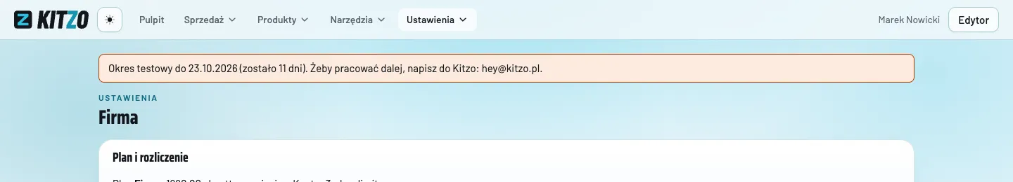 Pasek okresu testowego w panelu Kitzo: Okres testowy do 21.10.2026, zostało 11 dni, żeby pracować dalej, napisz do Kitzo