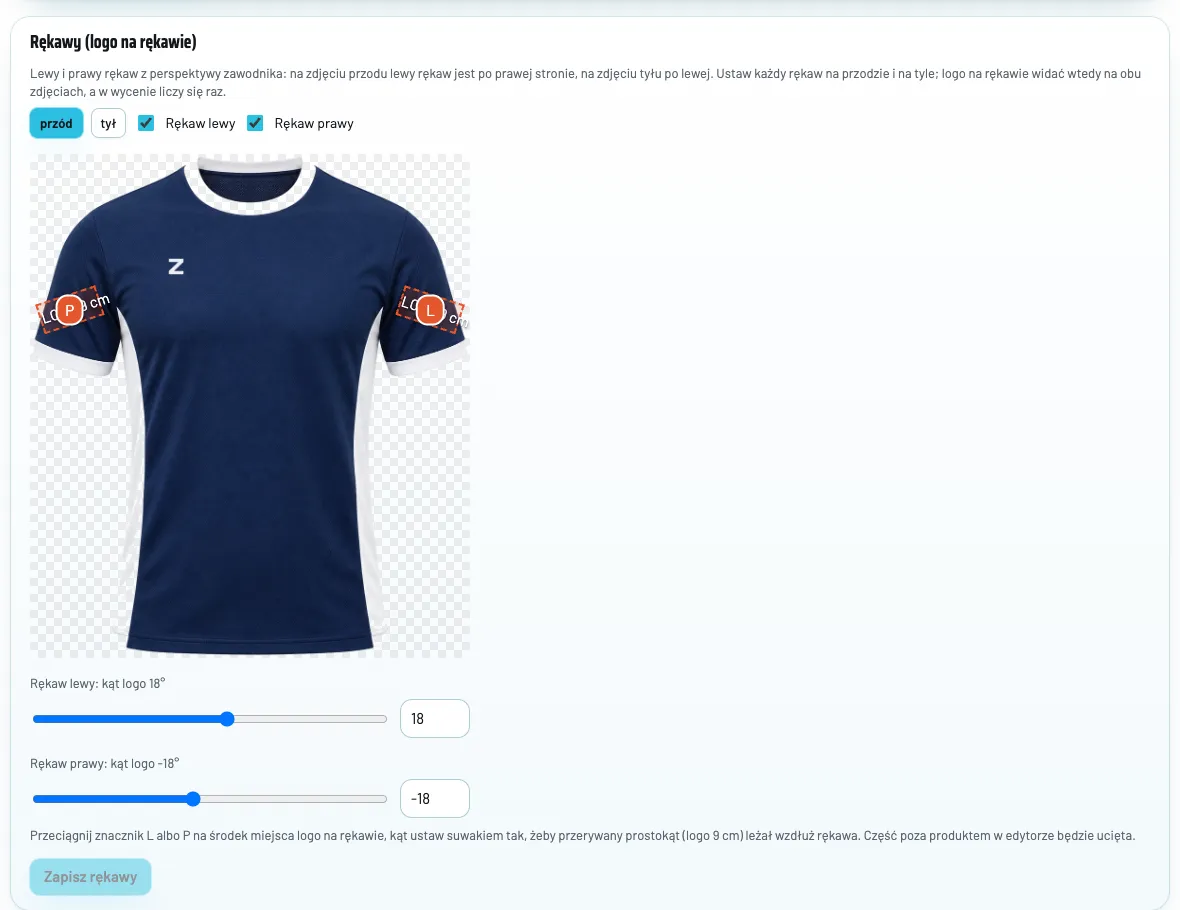 Ramka Rękawy na stronie modelu: widok przodu koszulki ze znacznikami L i P na rękawach i przerywanymi prostokątami logo 9 cm, suwaki kąta logo dla lewego i prawego rękawa i przycisk Zapisz rękawy