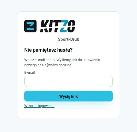 Ekran Nie pamiętasz hasła? w Kitzo: pole E-mail, przycisk Wyślij link i informacja, że link jest ważny godzinę
